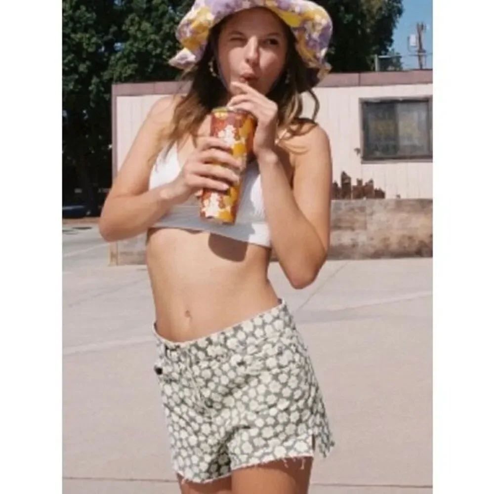 NEW ZARA Womens 2/34 Floral Print Denim Cut-Off Shorts